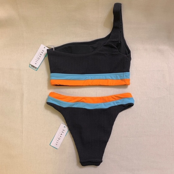 SEAFOLLY Slice of Splice One Shoulder Bikini Top & Bottom sz.10 MEDIUM Black-NWT - Picture 7 of 11